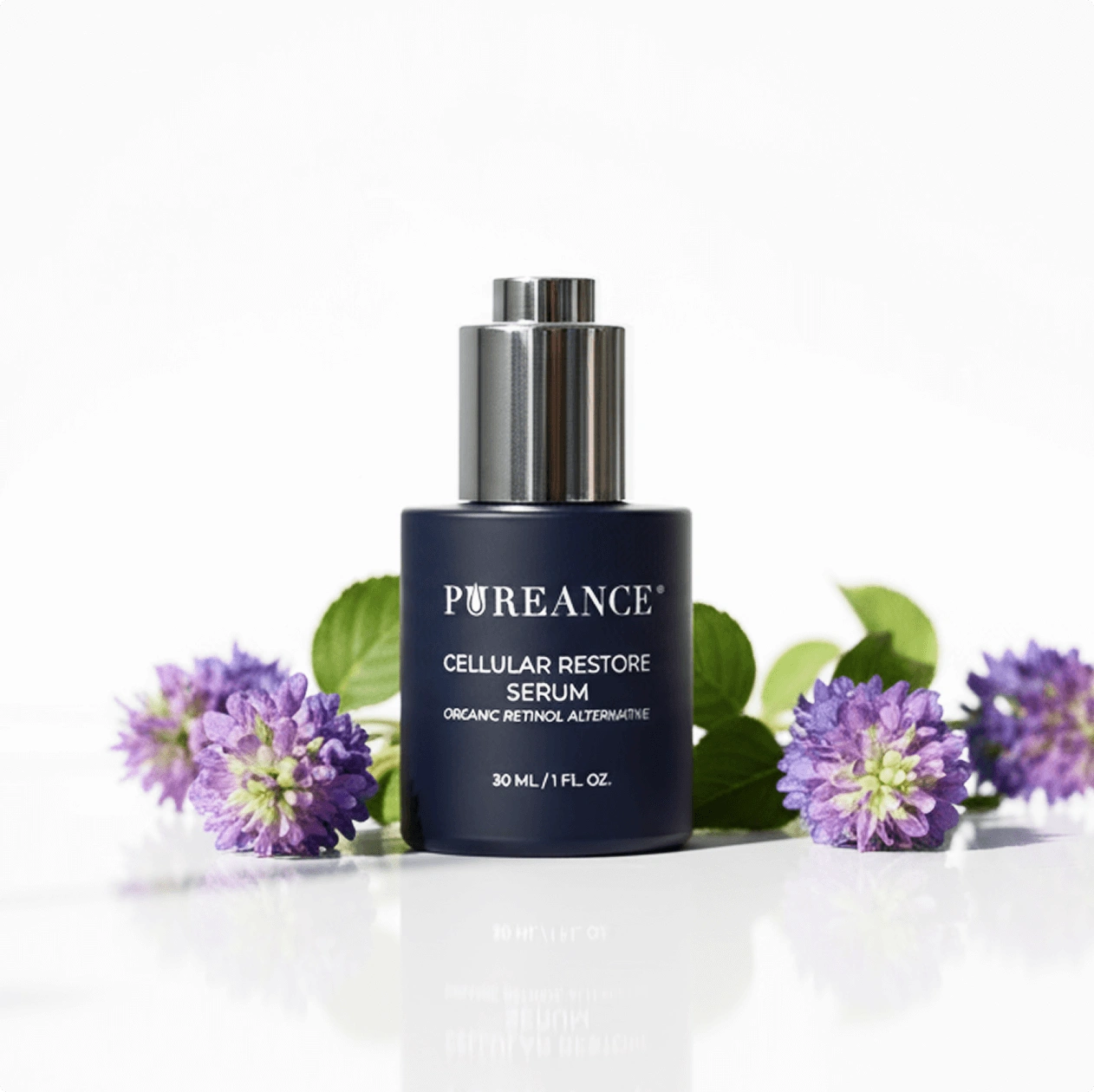 Pureance Cellular Restore Serum bottle with Babchi flowers