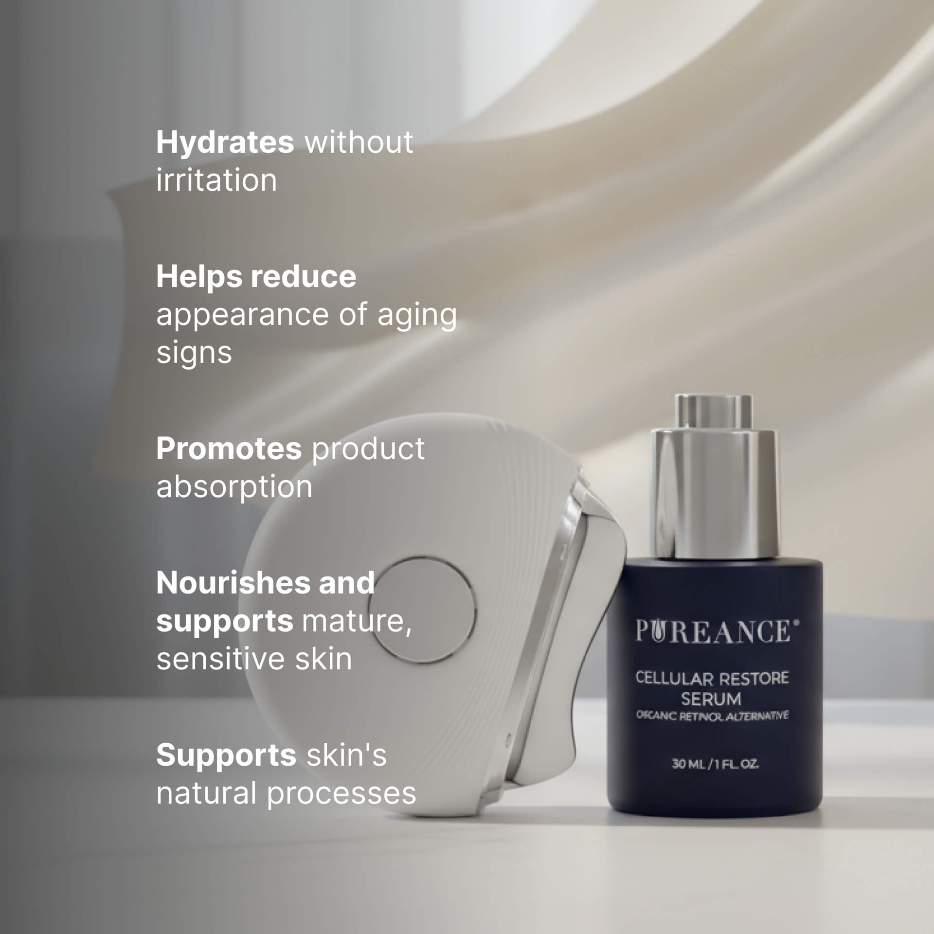 Pureance serum and thermal beauty device with key skincare benefits list