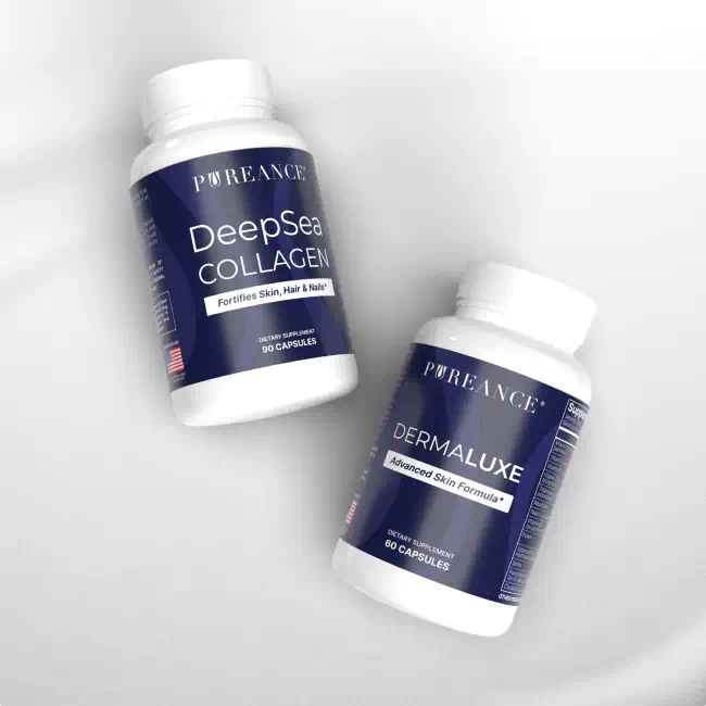 Pureance DeepSea Collagen and Dermaluxe supplement bottles for hair, skin, and nails
