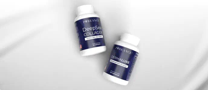 Pureance DeepSea Collagen and Dermaluxe supplement bottles for hair, skin, and nails