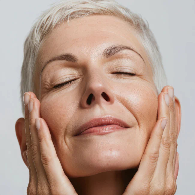 Close-up of a woman touching her face
