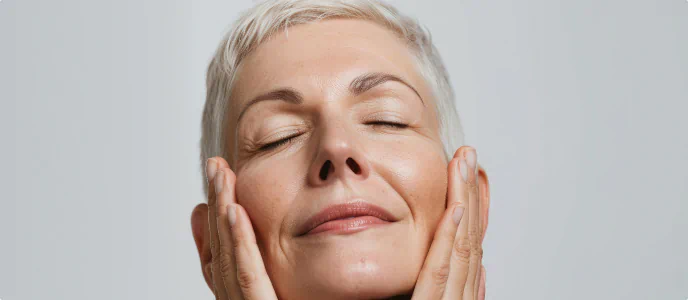 Close-up of a woman touching her face