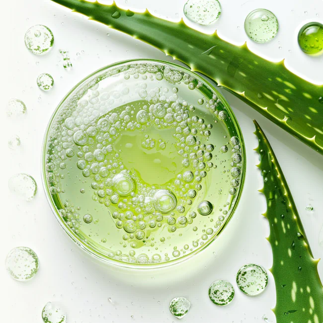 Green aloe vera gel with bubbles in a glass dish