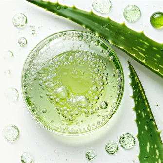 Green aloe vera gel with bubbles in a glass dish
