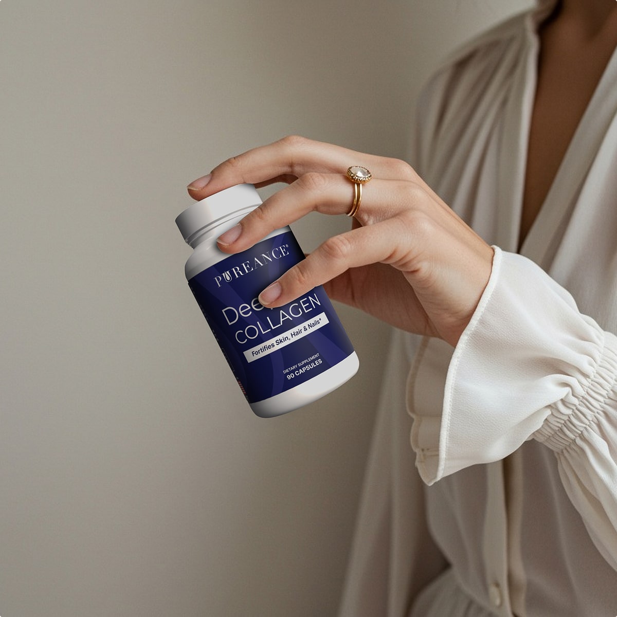 Woman holding Pureance DeepSea Collagen supplement bottle