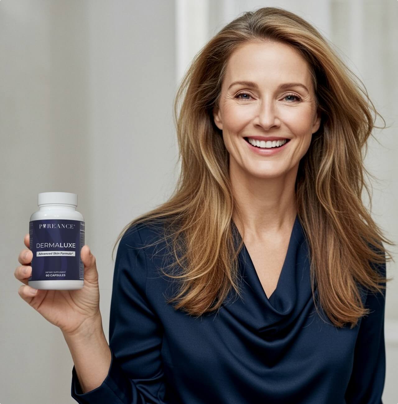 Smiling woman holding Pureance Dermaluxe supplement bottle