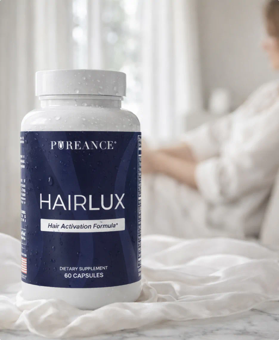 HairLux bottle on bed with woman in soft-focus background