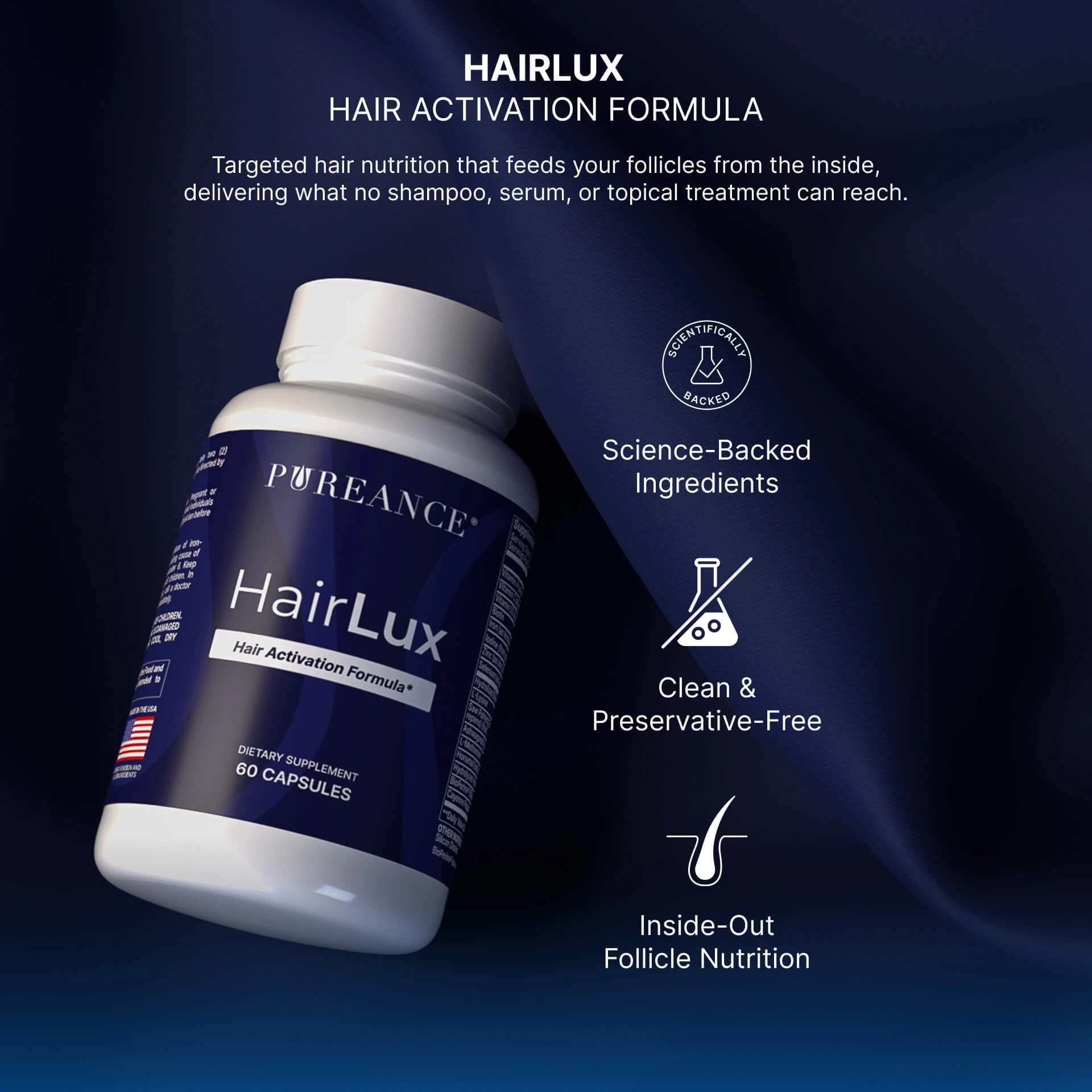 HairLux product bottle with clean formula callouts