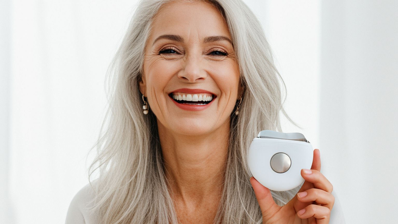 Smiling woman holding a Hot & Cold Beauty Device