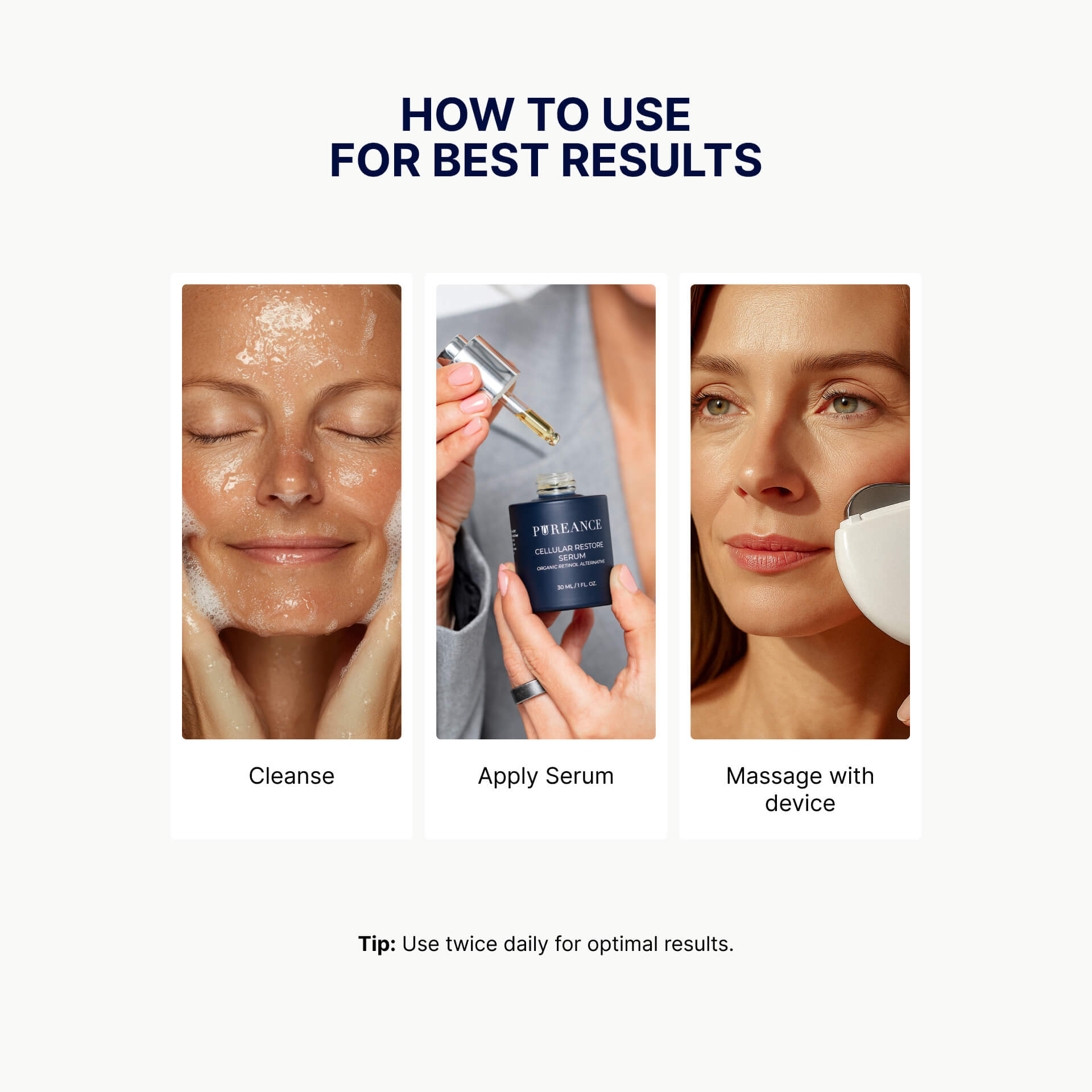 Cleanse, apply serum, and massage with the device