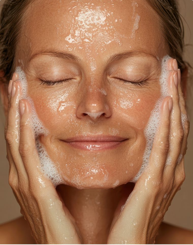 Woman cleansing face