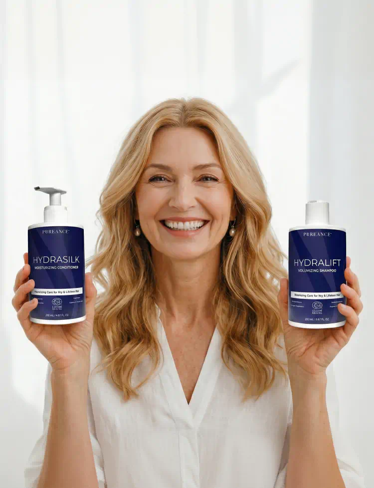 Woman holding Pureance HydraSilk conditioner and HydraLift shampoo