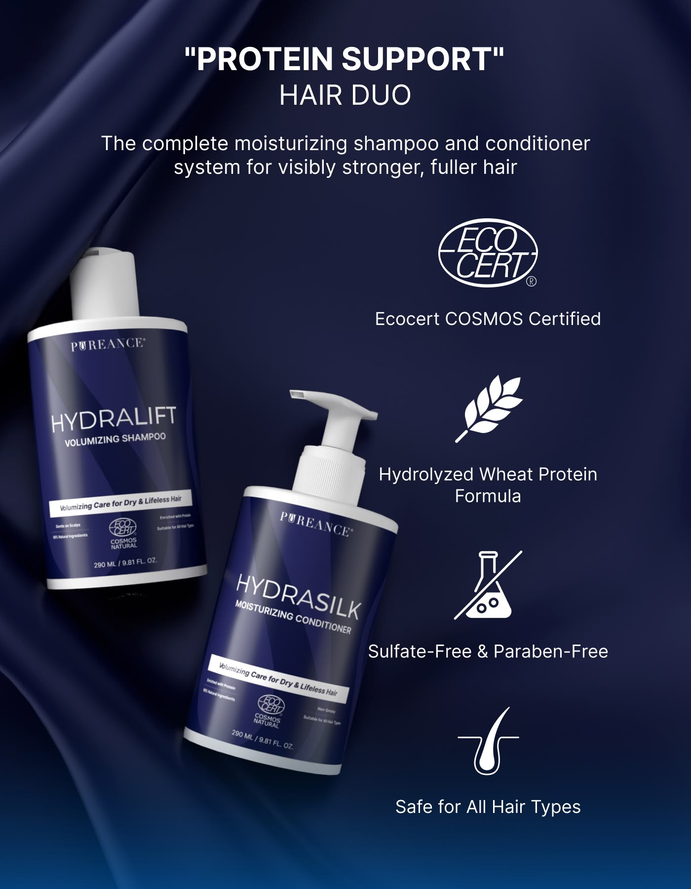 HydraLift and HydraSilk hair duo with formula benefit icons