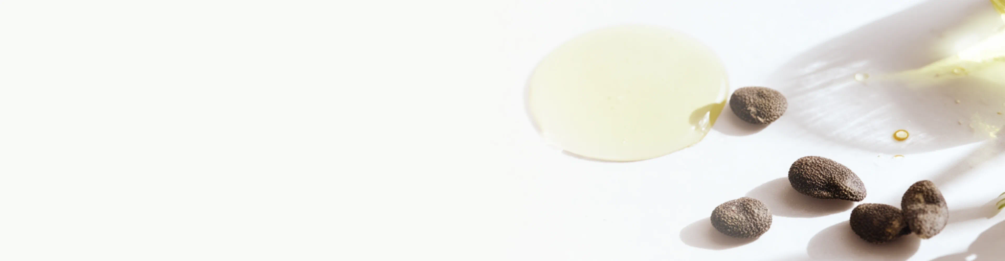 Babchi seeds and light-colored oil on a white surface