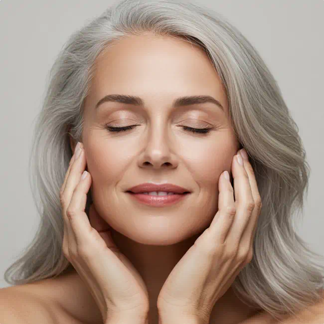 Serene mature woman with silver hair gently touching her face