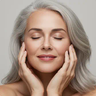 Serene mature woman with silver hair gently touching her face