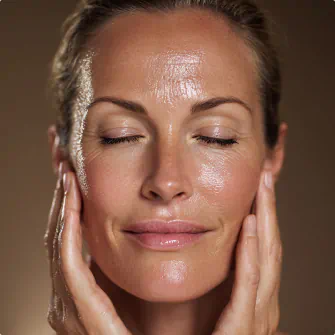 Close-up of woman with glowing skin and closed eyes gently touching her face