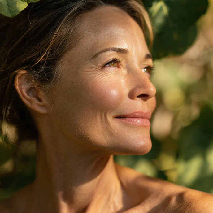 Woman with radiant skin smiling softly in warm, natural sunlight