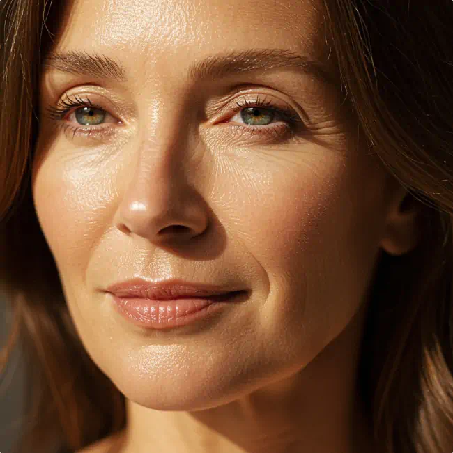 Close-up of a woman with smooth, radiant skin and a natural expression