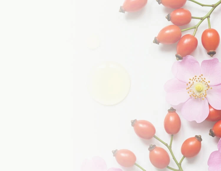 A smooth, golden rosehip oil texture with small air bubbles embedded in a rounded shape