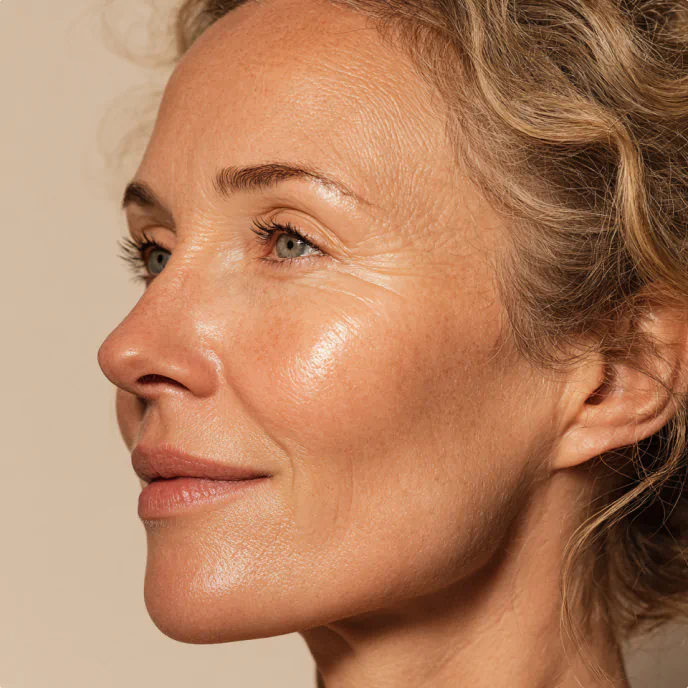 Close-up of a woman with radiant, well-moisturized skin and a soft smile
