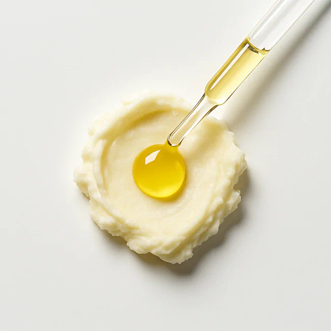 Drop of golden oil on a swirl of creamy shea butter with a glass dropper