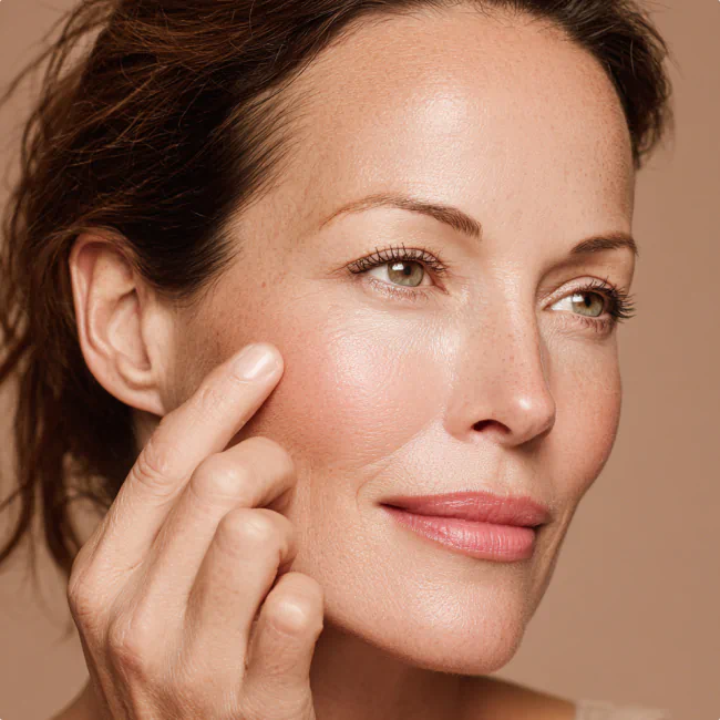 Close-up of woman gently touching her cheek