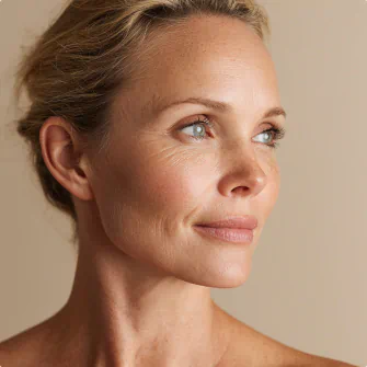 Smiling woman with fresh, radiant skin looking slightly to the side