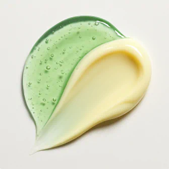 Swatch of green gel and creamy yellow product blended in a smooth curve