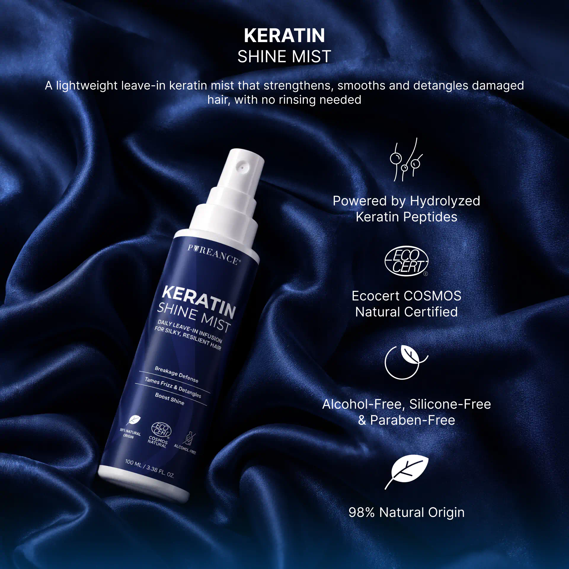 Pureance Keratin Shine Mist with hydrolyzed keratin peptides and certifications