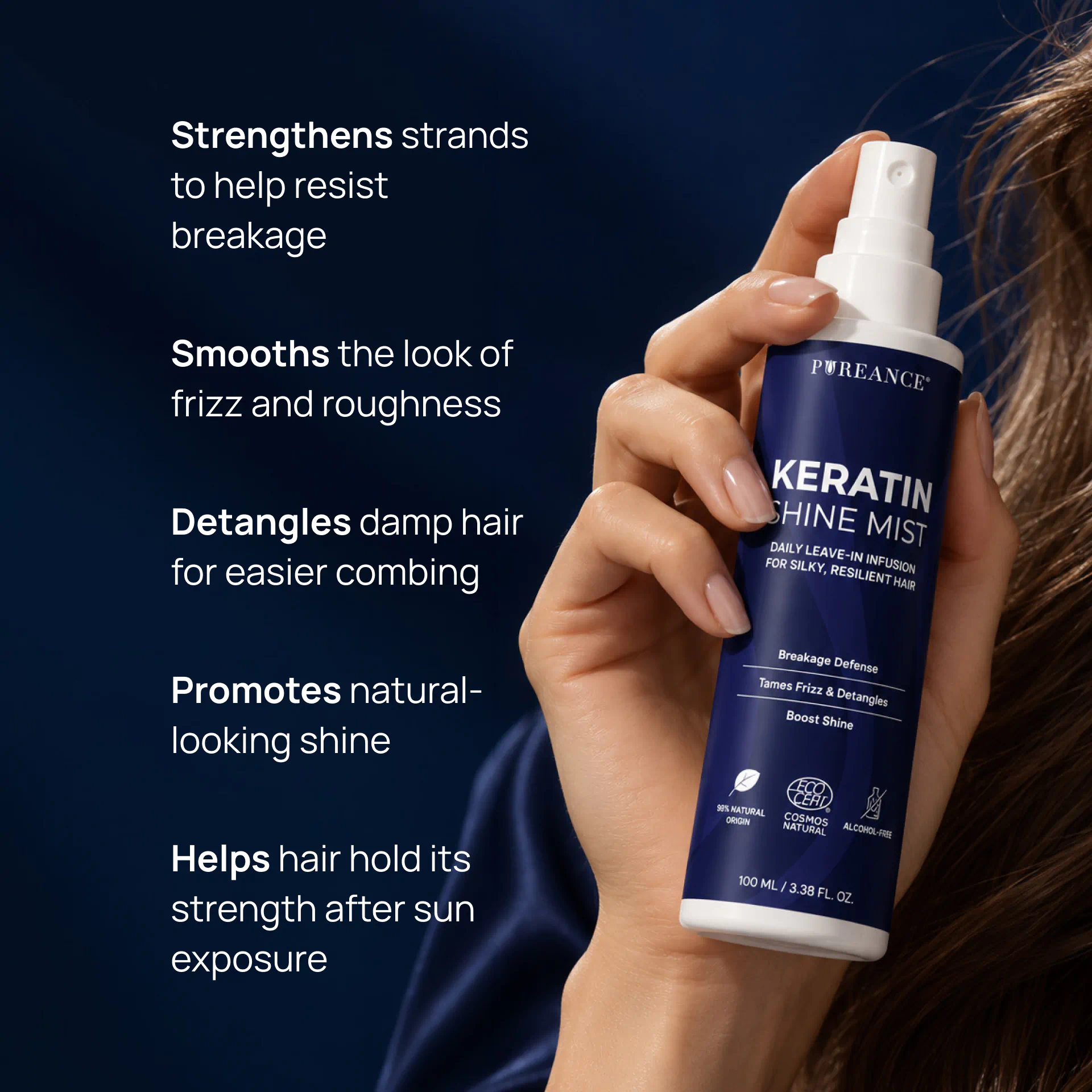 Hand holding Pureance keratin leave in conditioner with main benefits listed