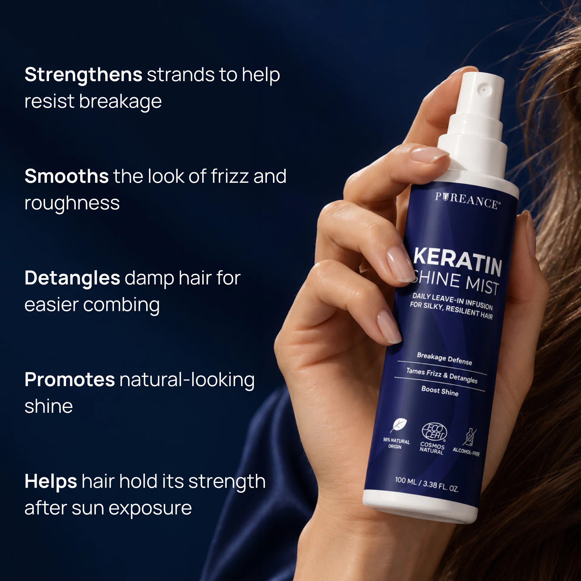 Hand holding Pureance keratin leave in conditioner with main benefits listed