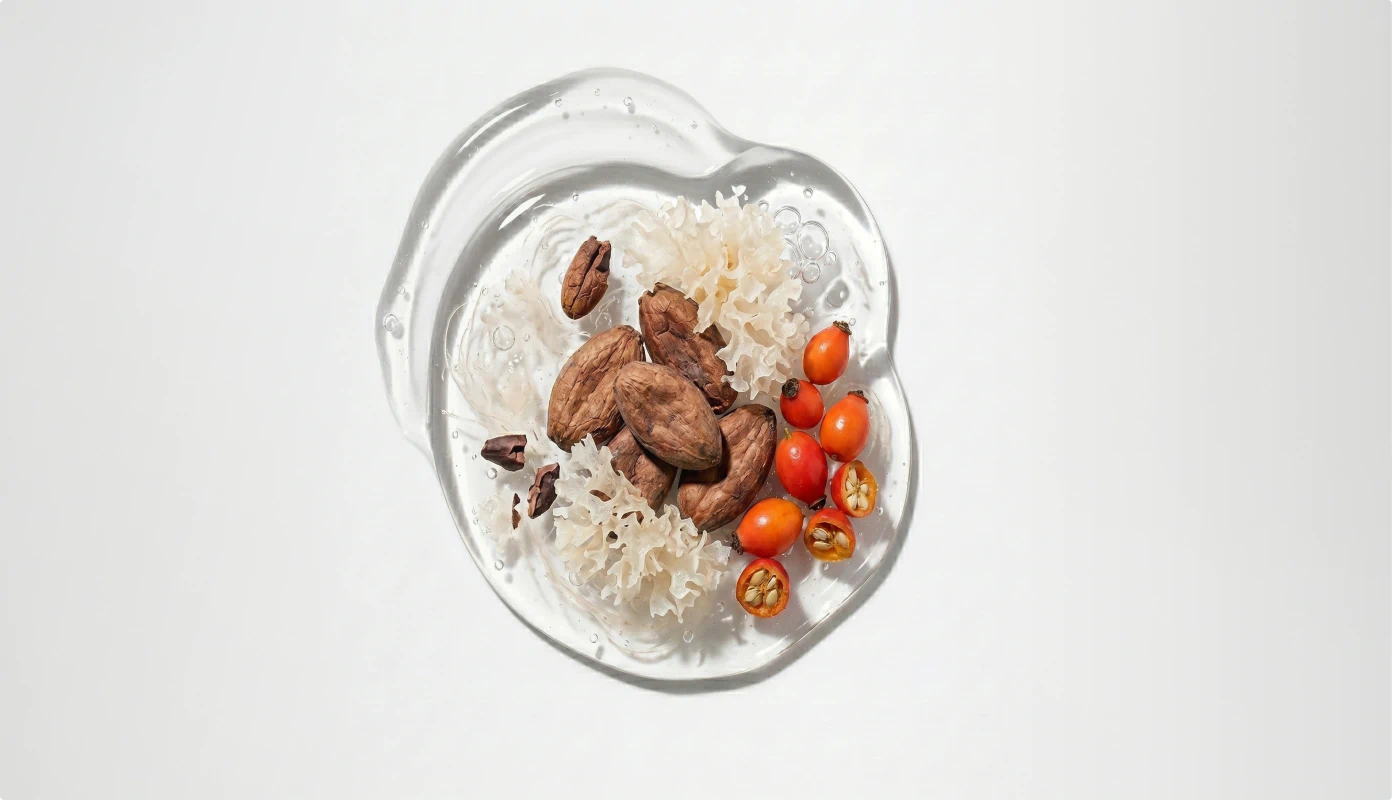 Botanical ingredients including cacao, tremella mushroom, and rosehip