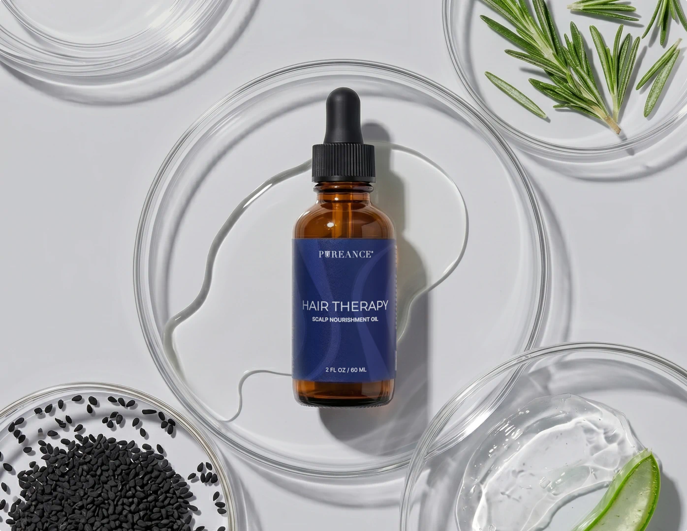 Pureance Hair Therapy Scalp Nourishment Oil surrounded by ingredients