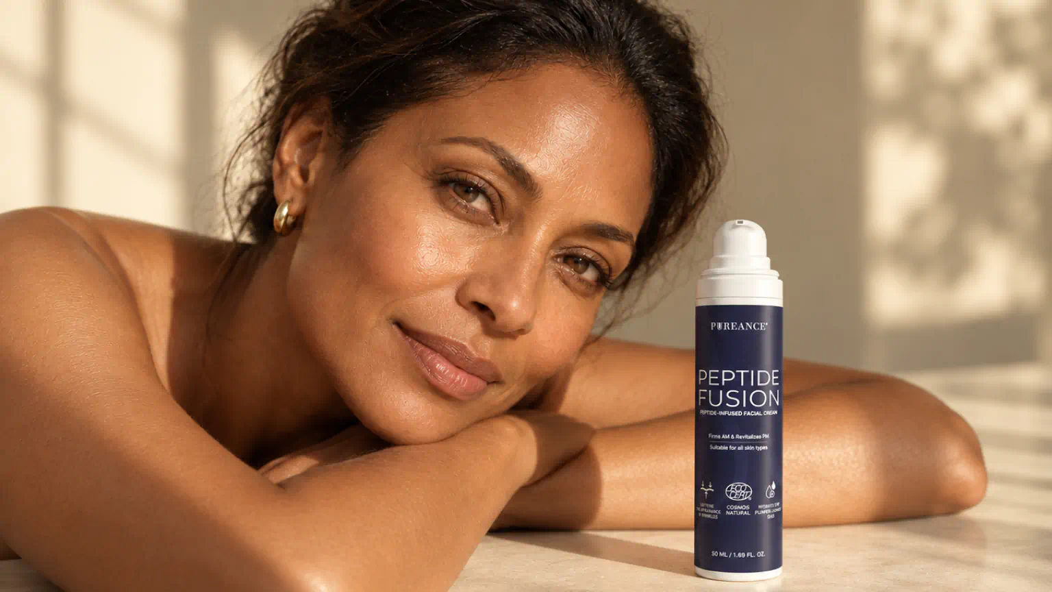 Woman resting beside Pureance Peptide Fusion peptide face cream