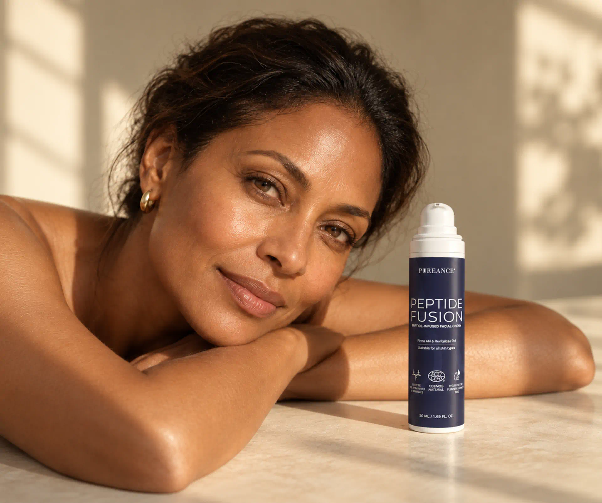 Woman resting beside Pureance Peptide Fusion peptide face cream