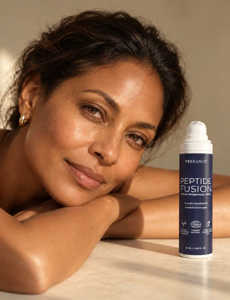 Woman resting beside Pureance Peptide Fusion peptide face cream