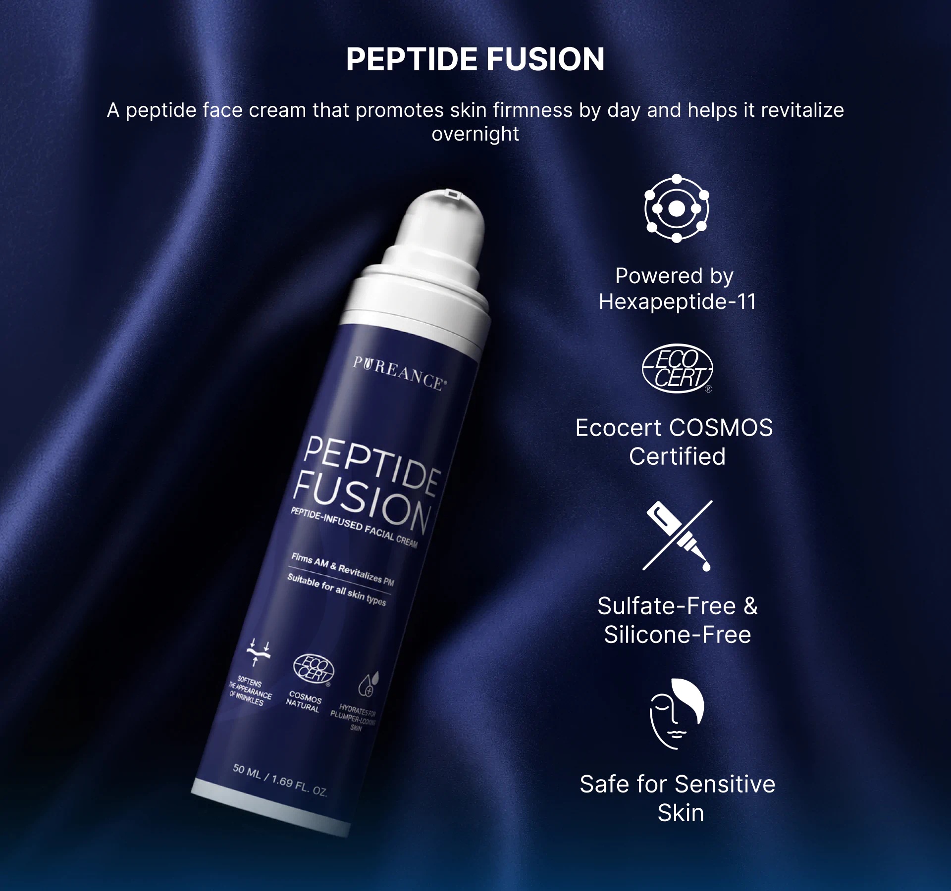 Pureance Peptide Fusion with Hexapeptide-11 and certifications