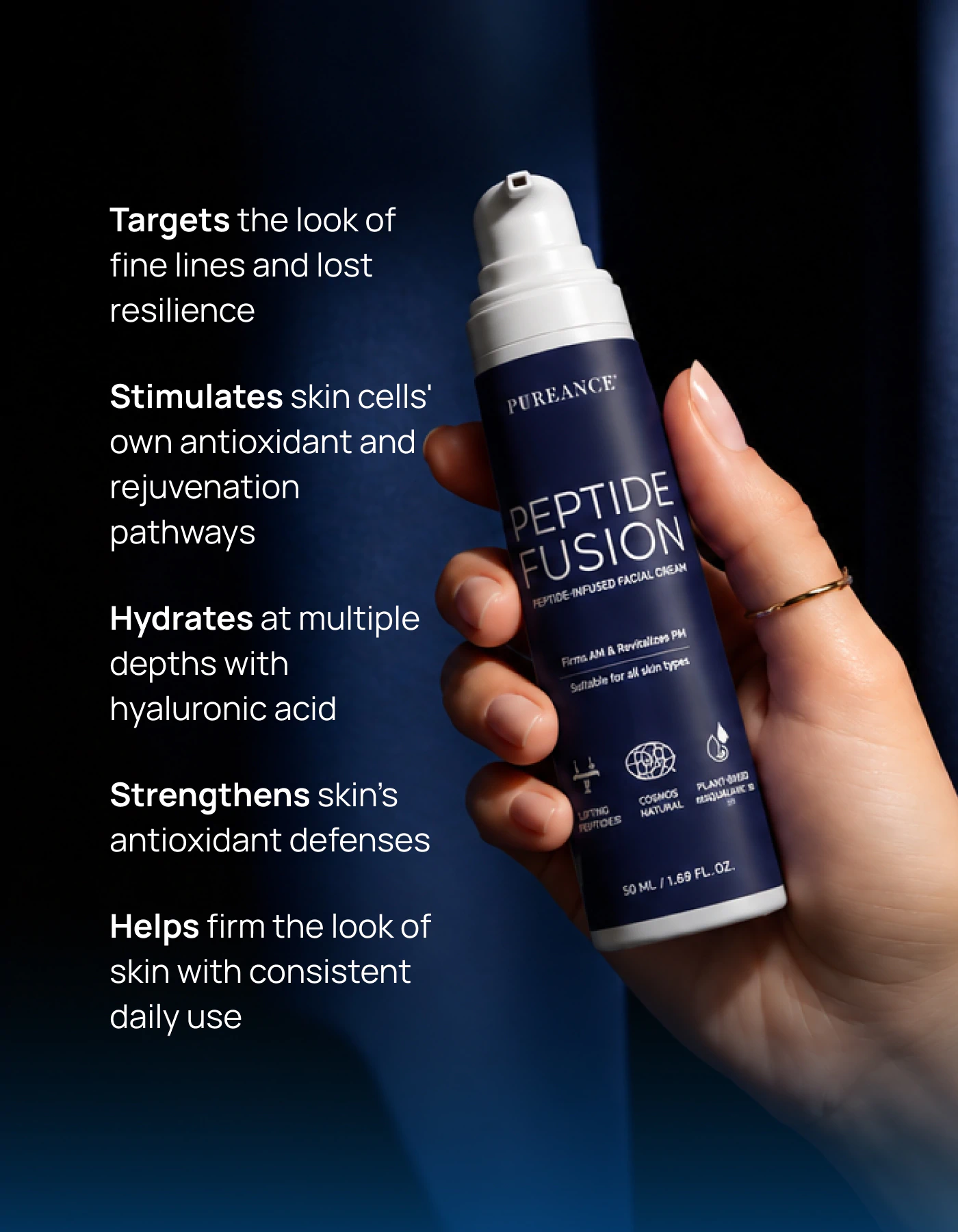 Hand holding Pureance Peptide Fusion with main benefits listed