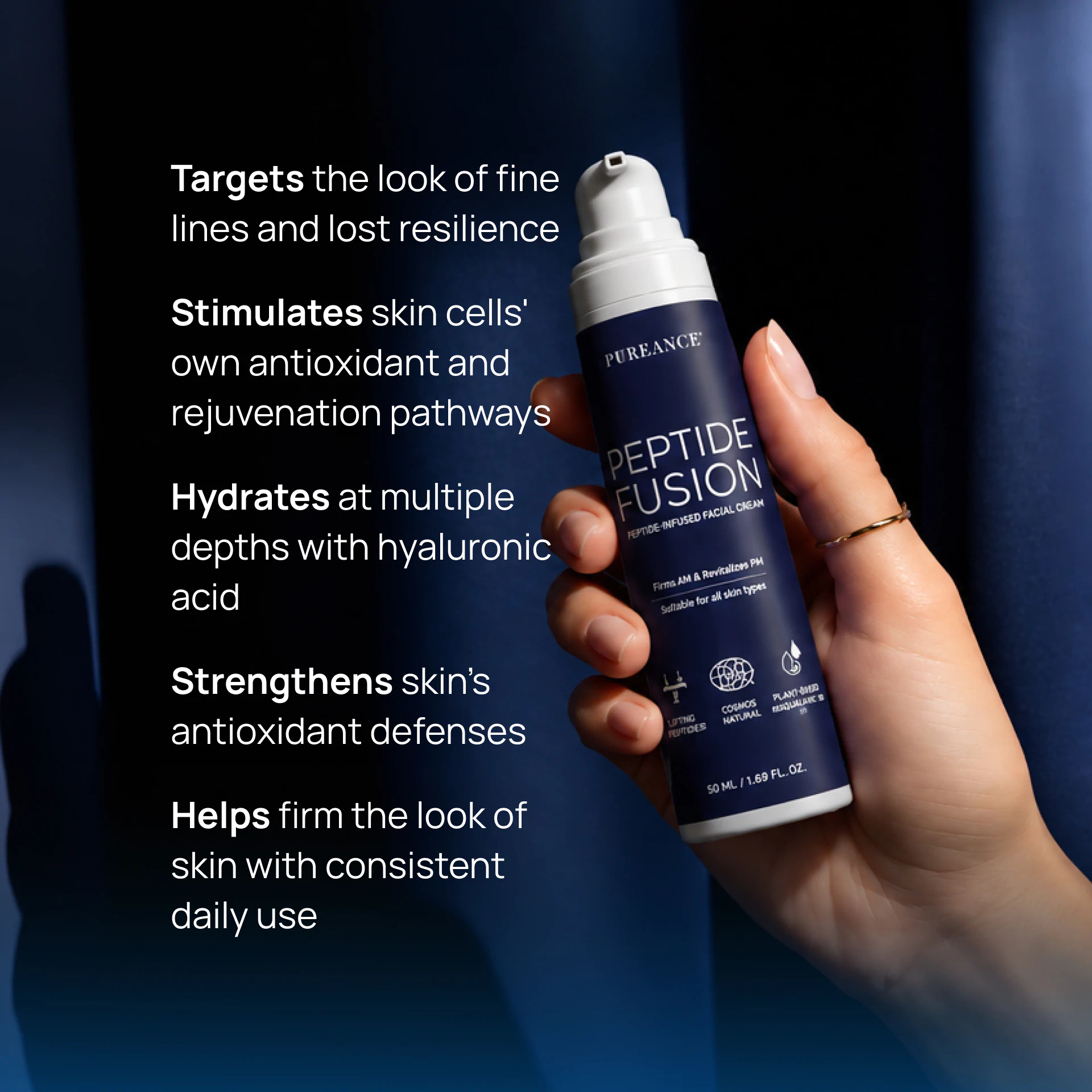 Hand holding Pureance Peptide Fusion with main benefits listed