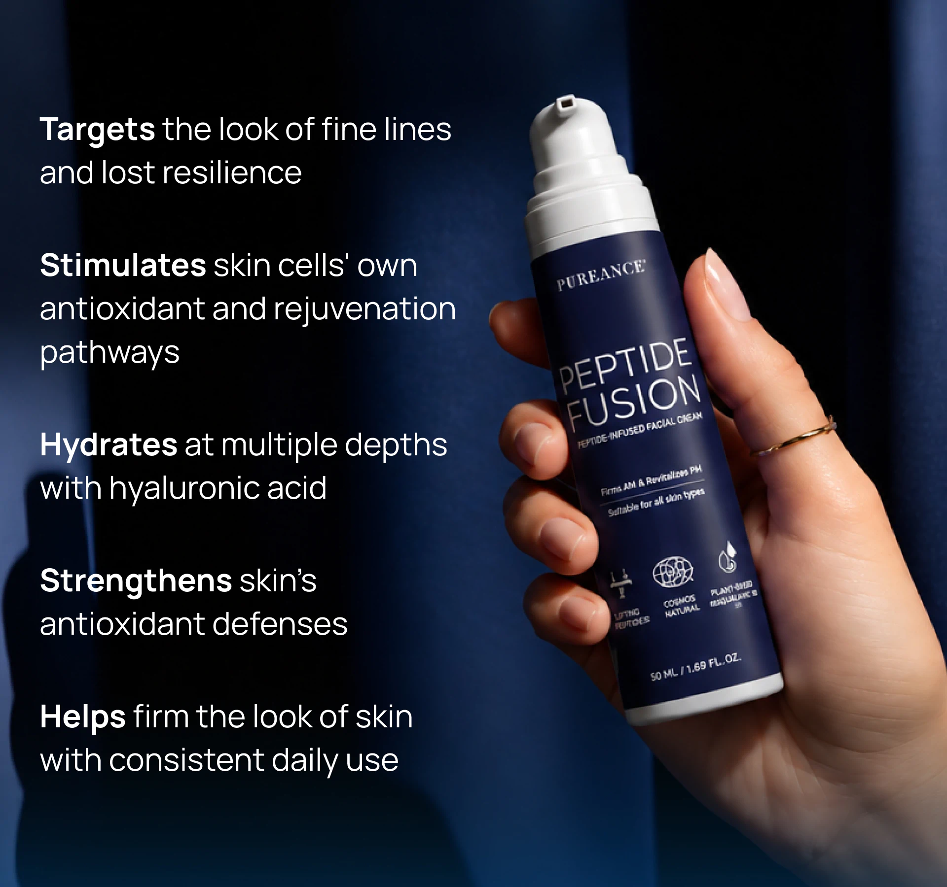 Hand holding Pureance Peptide Fusion with main benefits listed