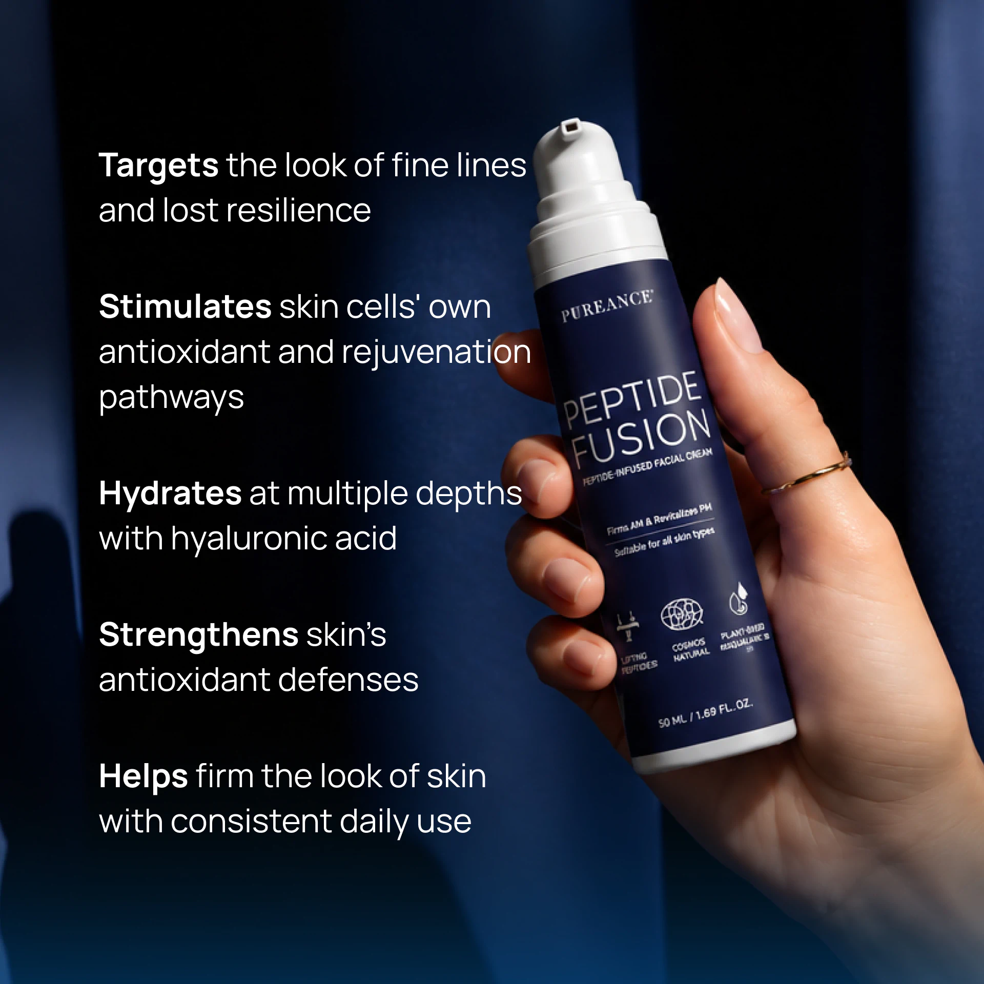 Hand holding Pureance Peptide Fusion with main benefits listed