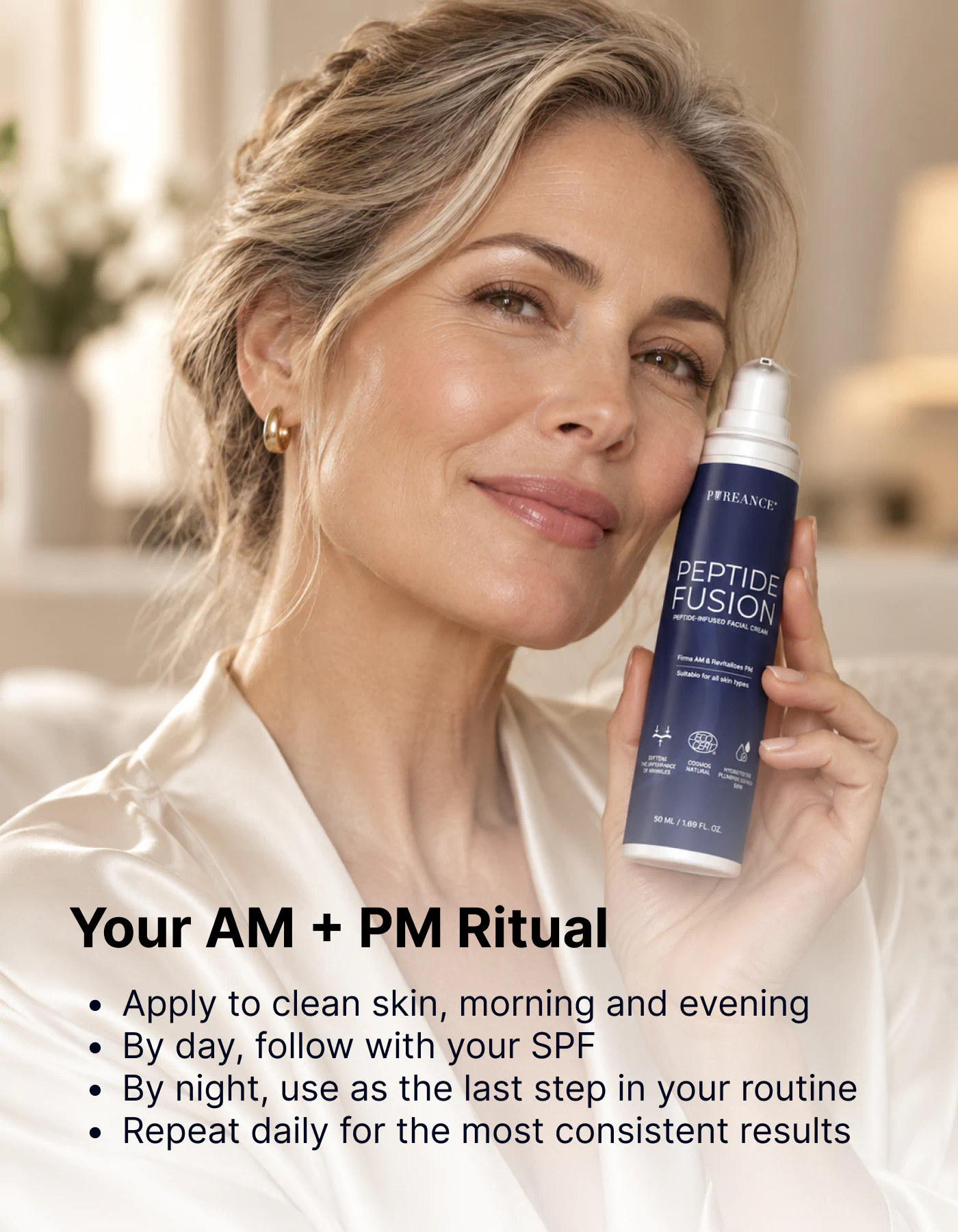 Woman holding Pureance peptide cream for face in AM and PM ritual