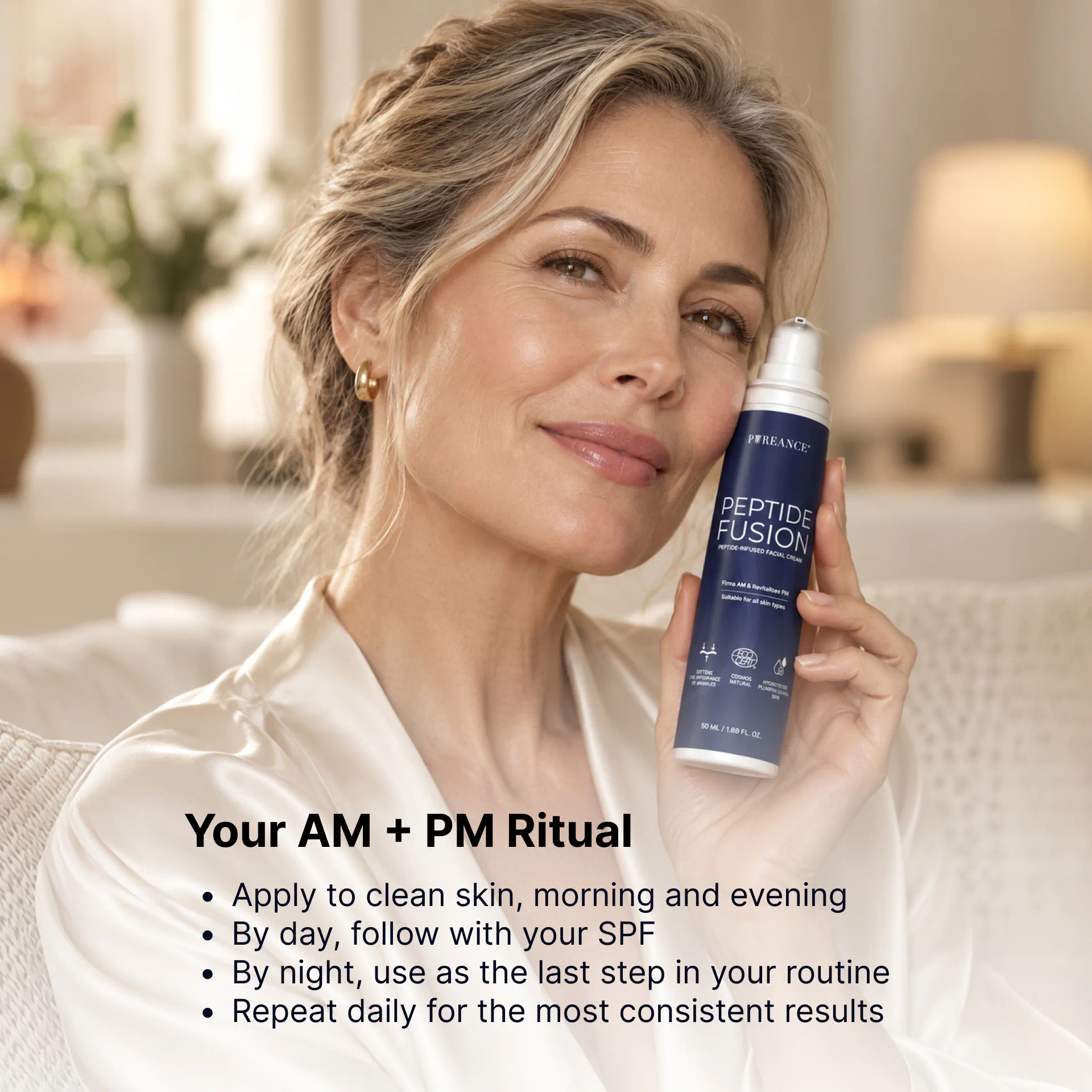 Woman holding Pureance peptide cream for face in AM and PM ritual