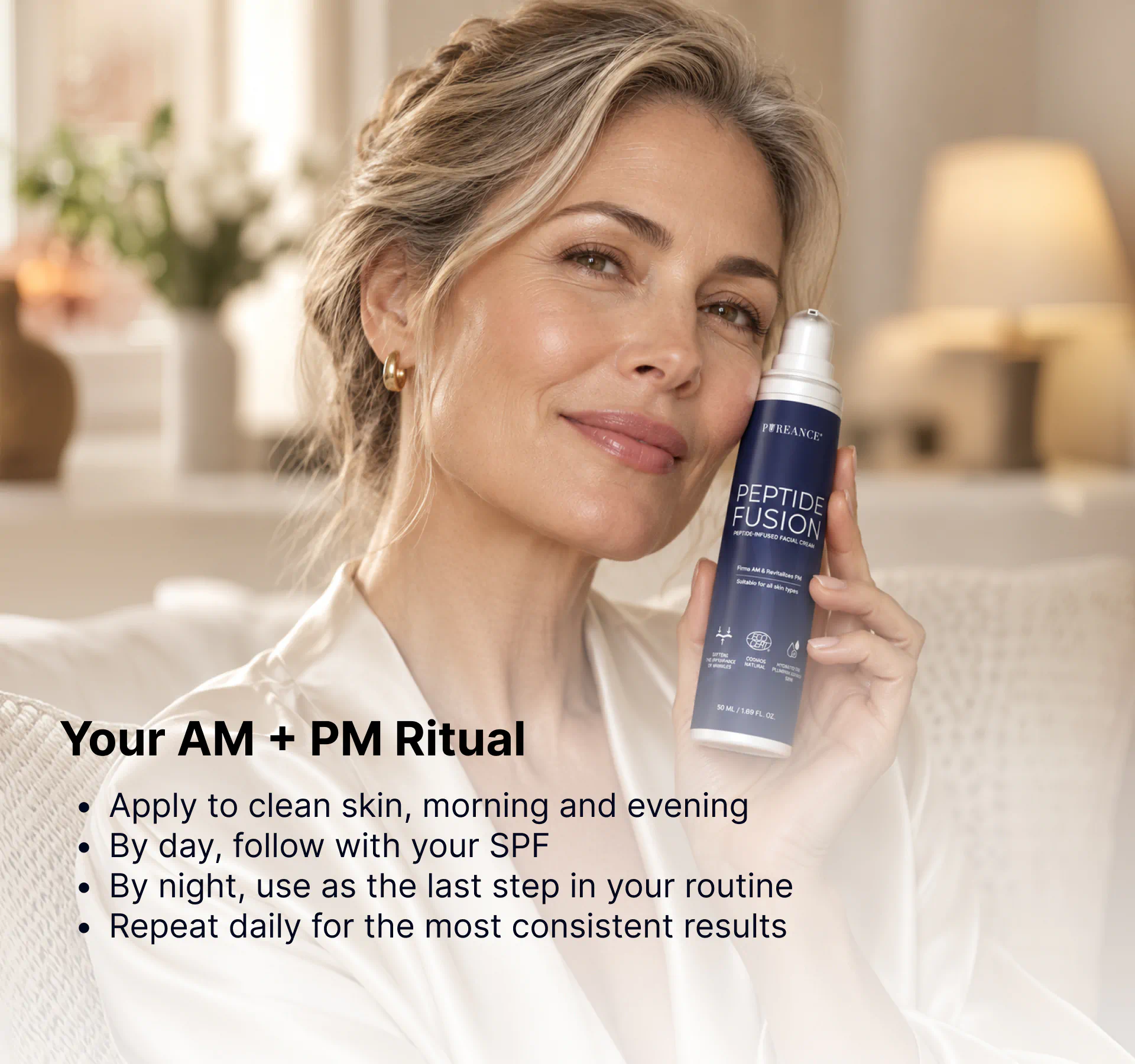 Woman holding Pureance peptide cream for face in AM and PM ritual