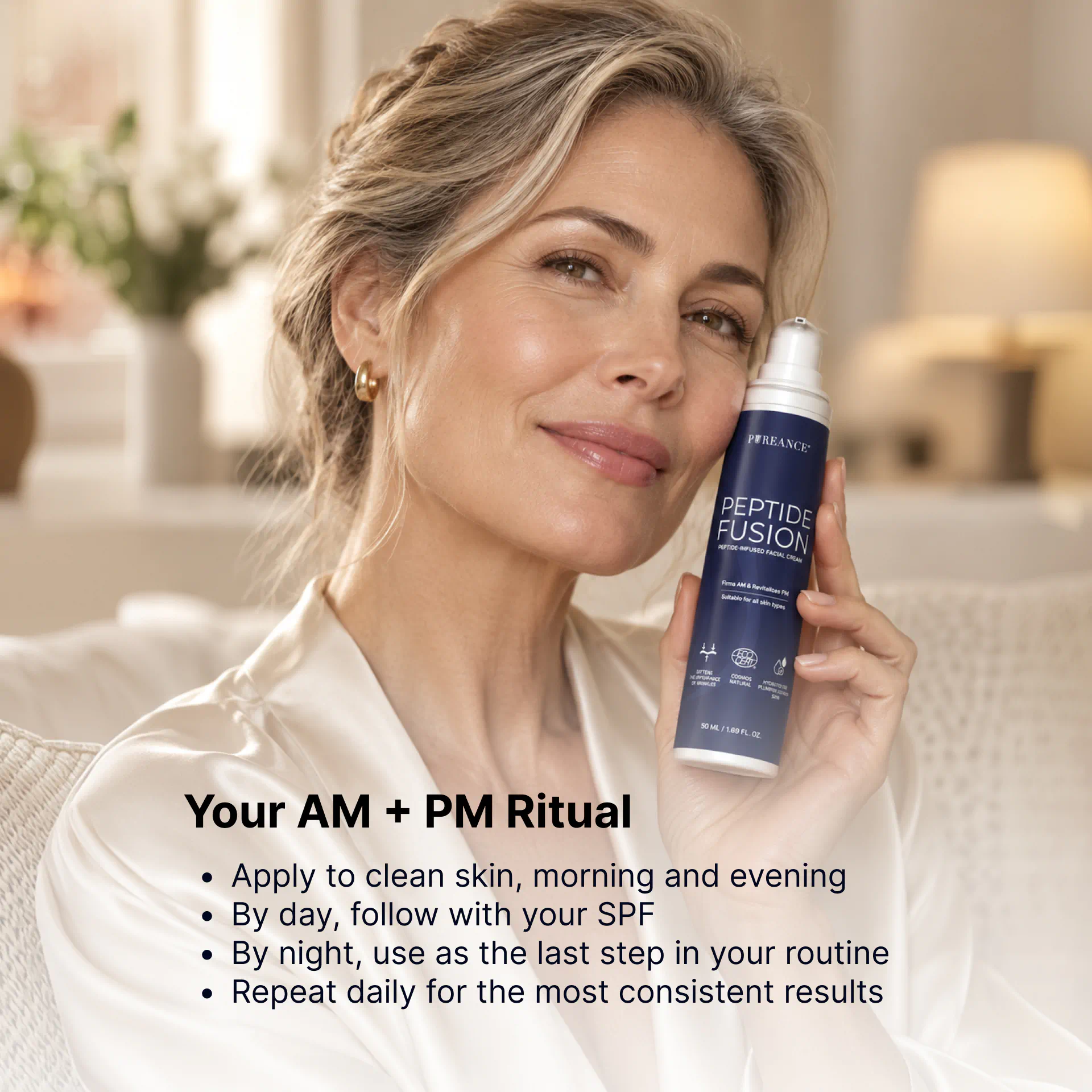 Woman holding Pureance peptide cream for face in AM and PM ritual