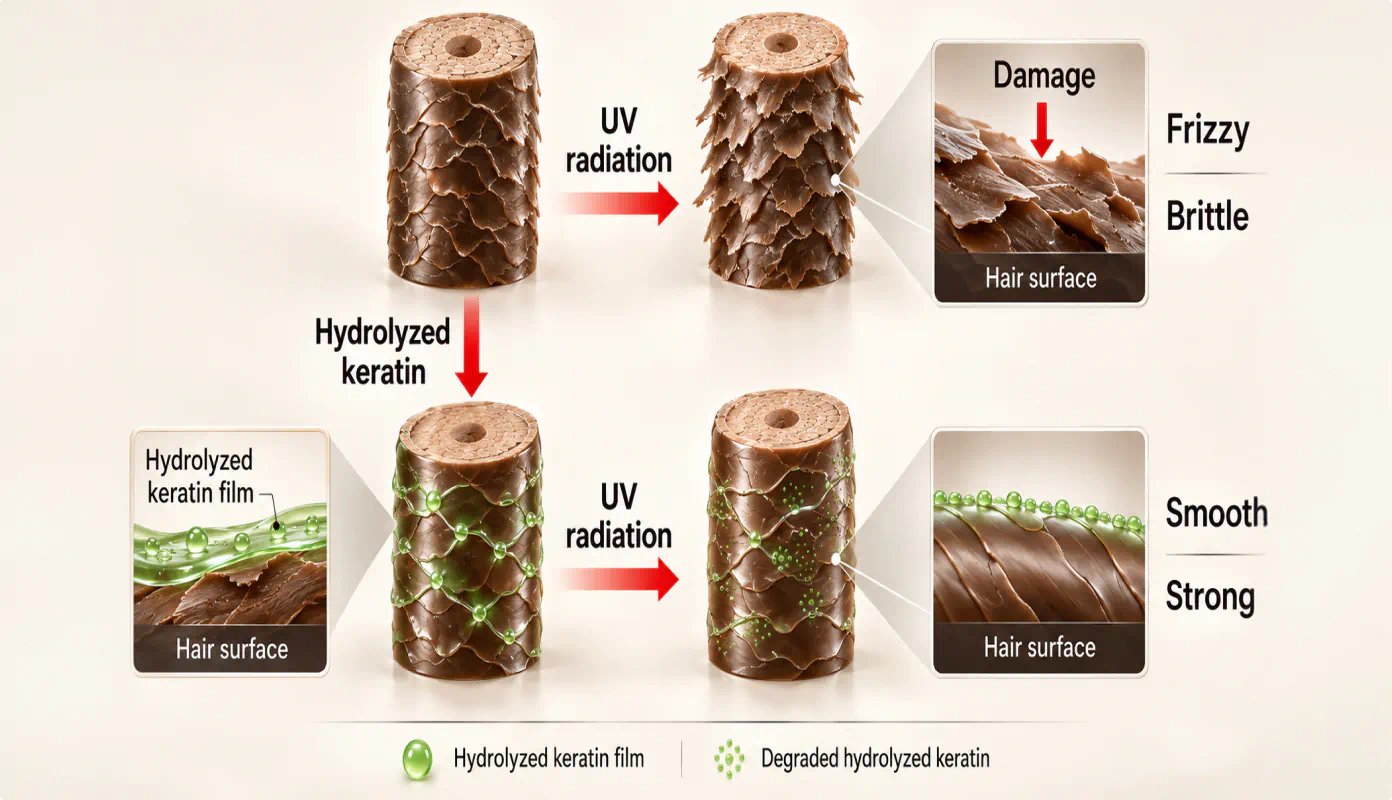 Diagram: hydrolyzed keratin film protecting the hair surface from UV damage