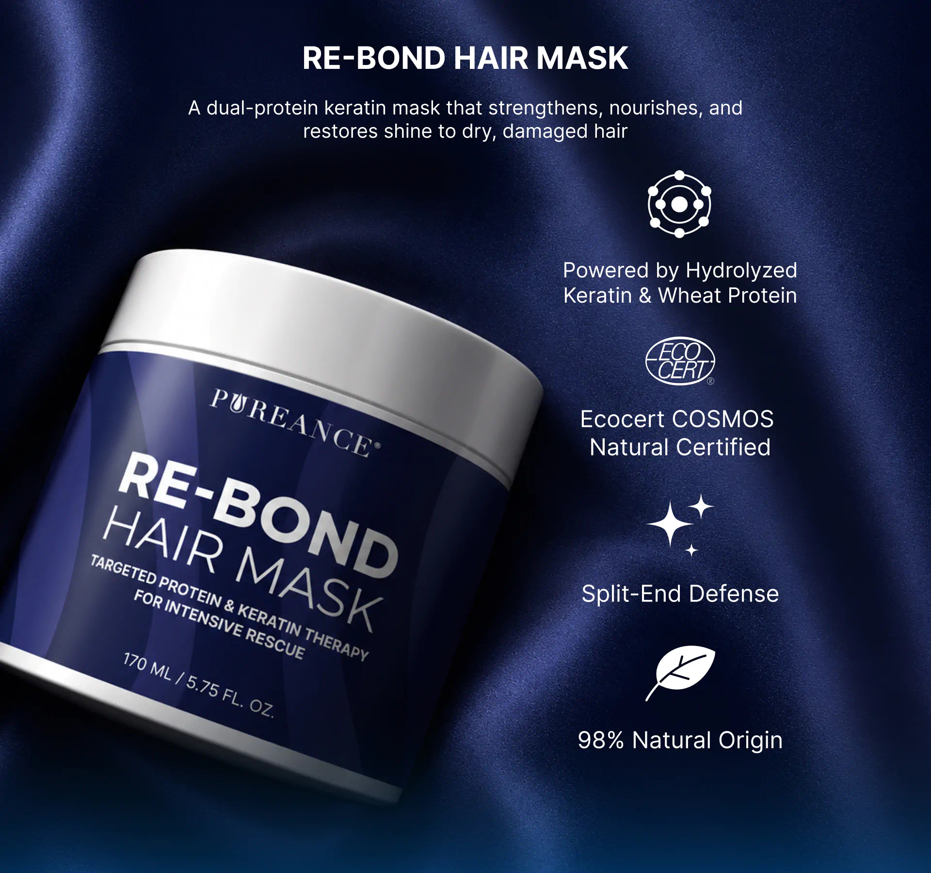 Pureance Re-Bond hair mask for damaged hair with keratin and wheat protein