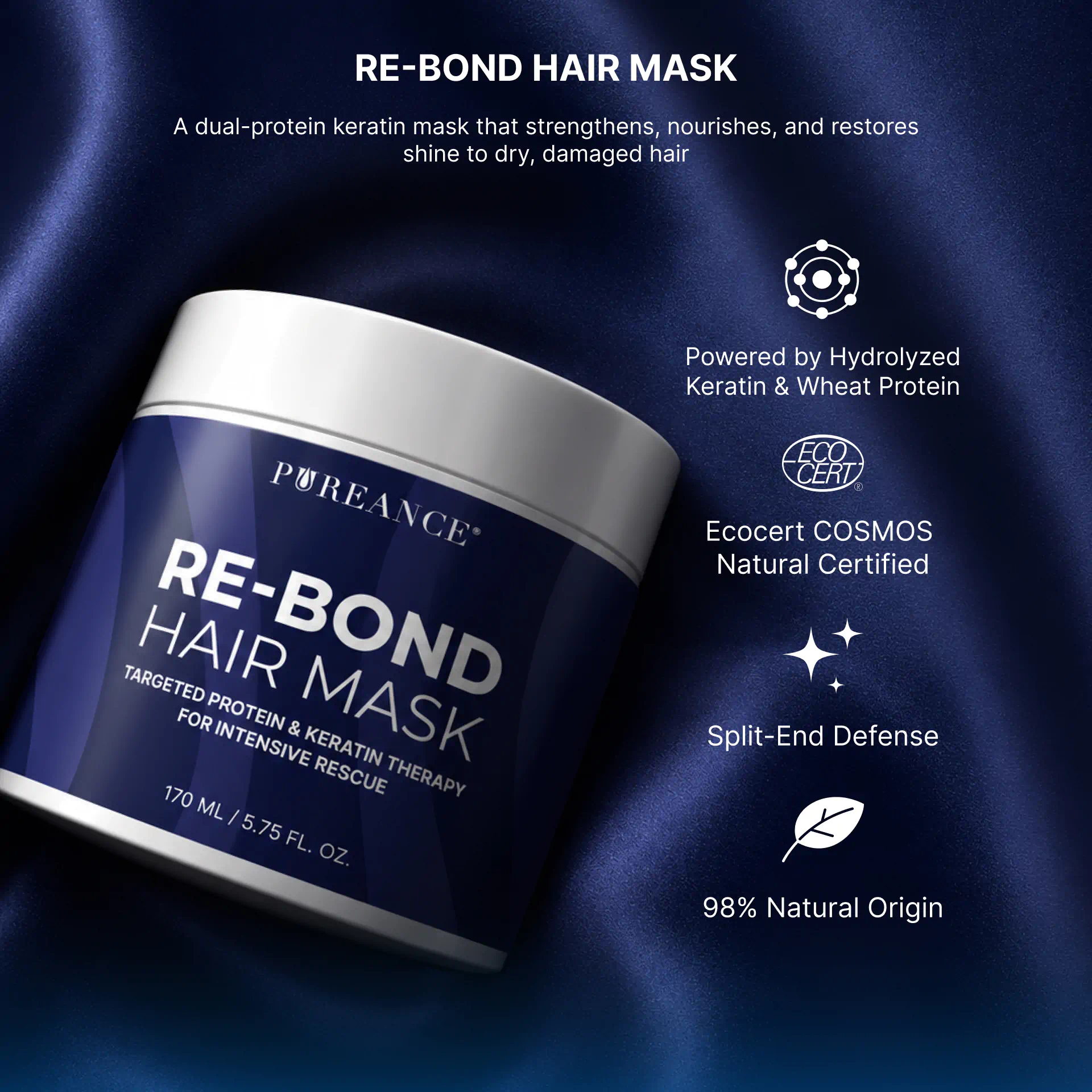 Pureance Re-Bond hair mask for damaged hair with keratin and wheat protein