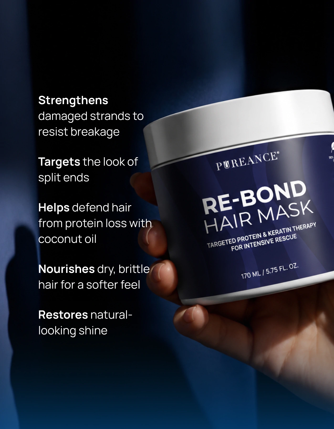 Hand holding Pureance keratin protein treatment with main benefits listed